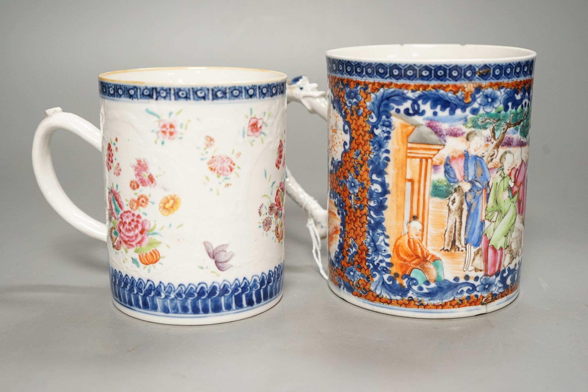 Two 18th century Chinese export famille rose mugs 13cm